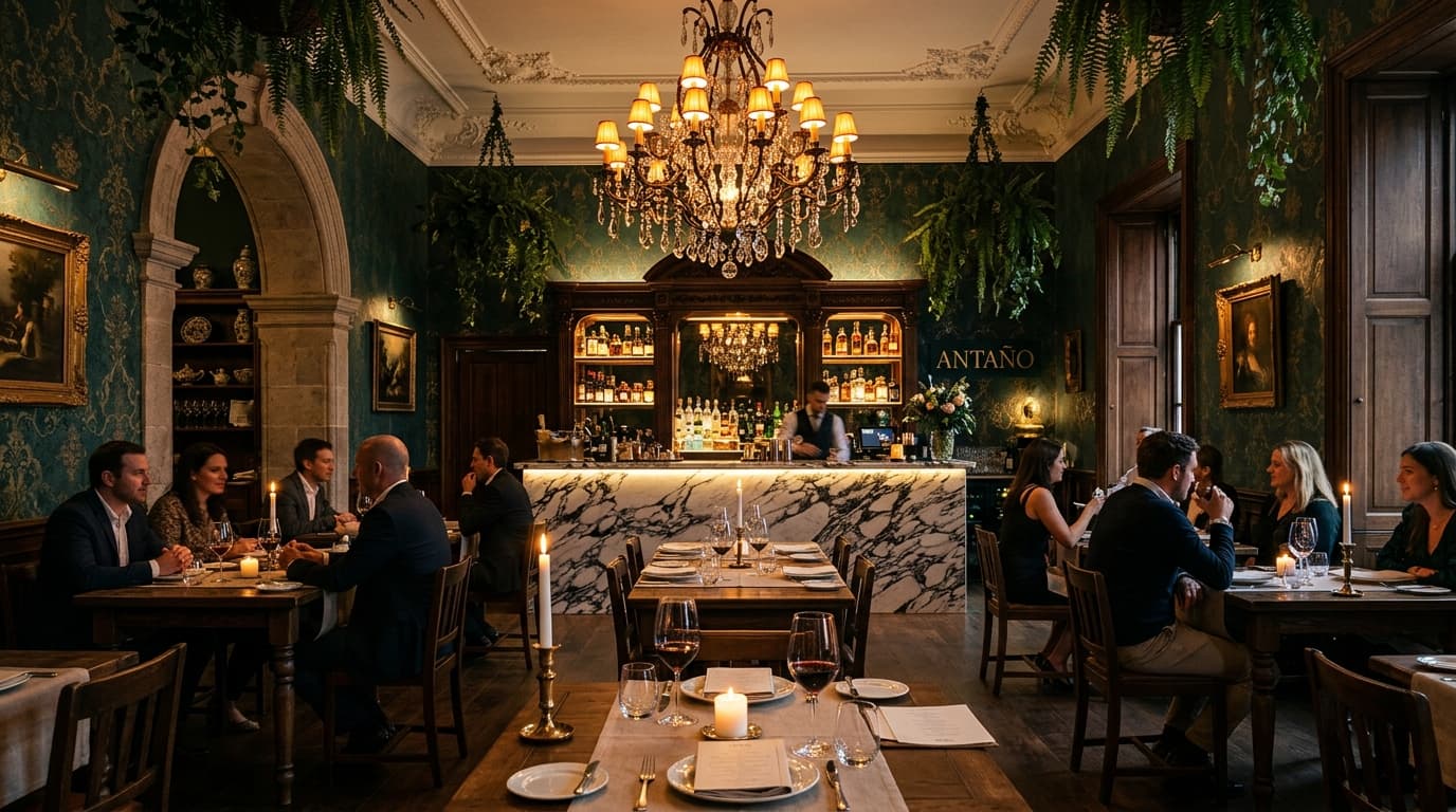 Salón comedor de Bar Antaño con papel damasco y candelabros